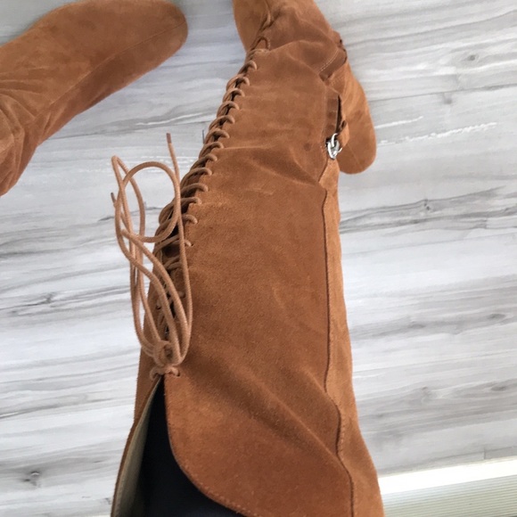 🤎 Zara Heeled Suede Lace Up Over Knee Boots Brown/Camel Hippie Boho Size 38 - Picture 9 of 17